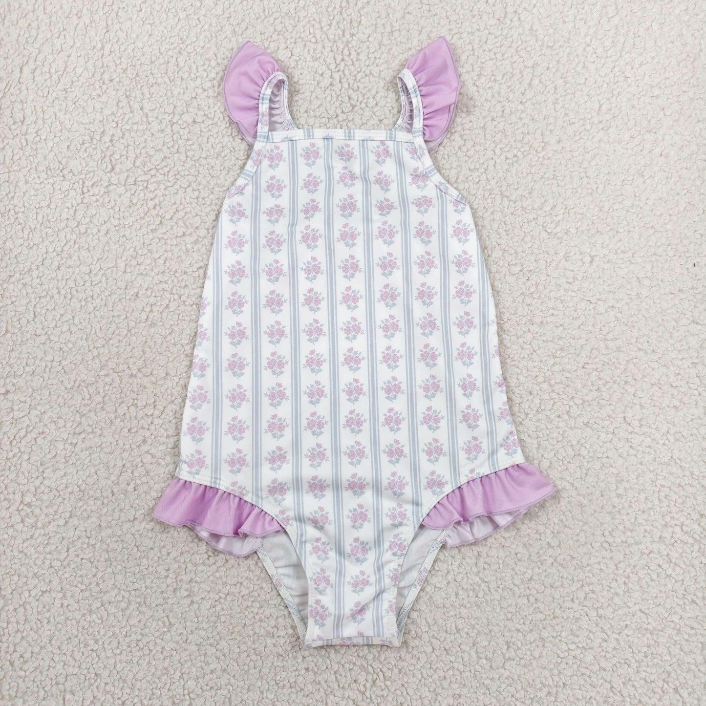 RTS NO MOQ milk silk S0643 Baby Girls Flower Stripe Print Back Bow Sleeveless One Piece Romper Swimsuits
