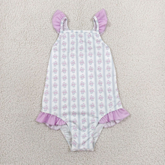 RTS NO MOQ milk silk S0643 Baby Girls Flower Stripe Print Back Bow Sleeveless One Piece Romper Swimsuits