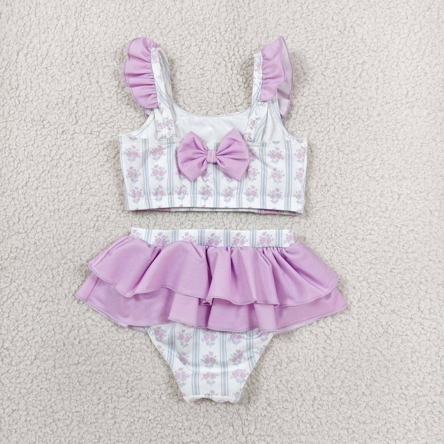 RTS NO MOQ milk silk S0644 Baby Girls Floral Stripe Print Back Bow Sleeveless Bummies Two Piece Swimsuits