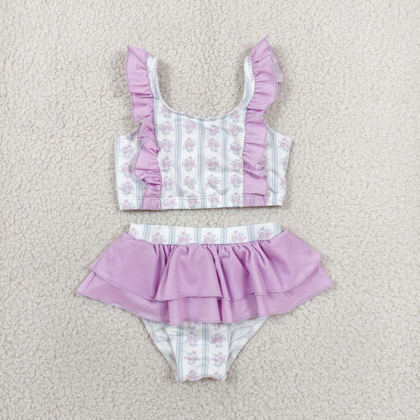 RTS NO MOQ milk silk S0644 Baby Girls Floral Stripe Print Back Bow Sleeveless Bummies Two Piece Swimsuits