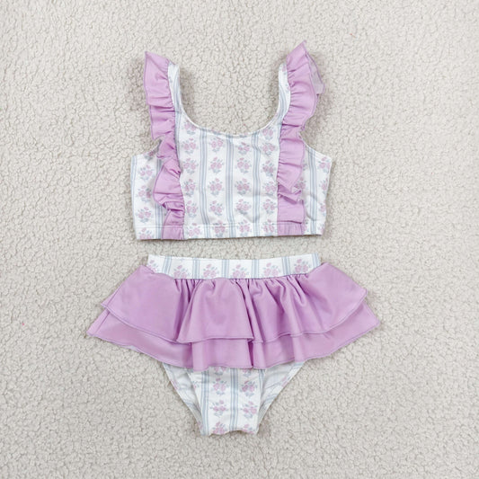 RTS NO MOQ milk silk S0644 Baby Girls Floral Stripe Print Back Bow Sleeveless Bummies Two Piece Swimsuits