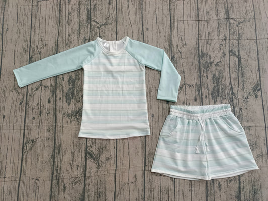 (Sample) No moq S0649 Swimsuit Baby Boys Aqua Stripe Set with Pockets Top And Shorts Clothing Outfit Set for Little Boys