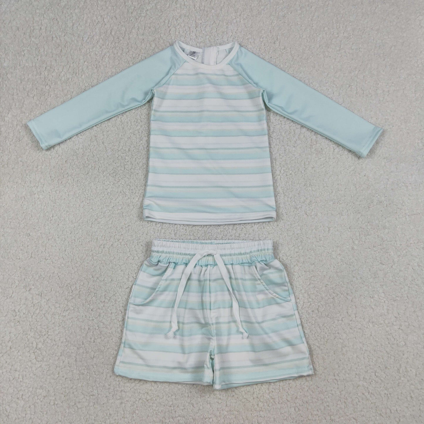 RTS NO MOQ Sibling Baby Boys Long Sleeve Shirt Top with Pockets And Shorts Swimsuit Set