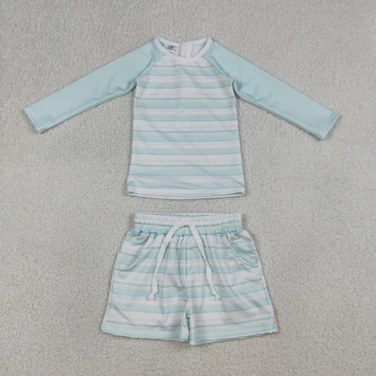 RTS NO MOQ S0649 Baby Boys Light Blue Stripe Top and Pockets Shorts Swimsuits