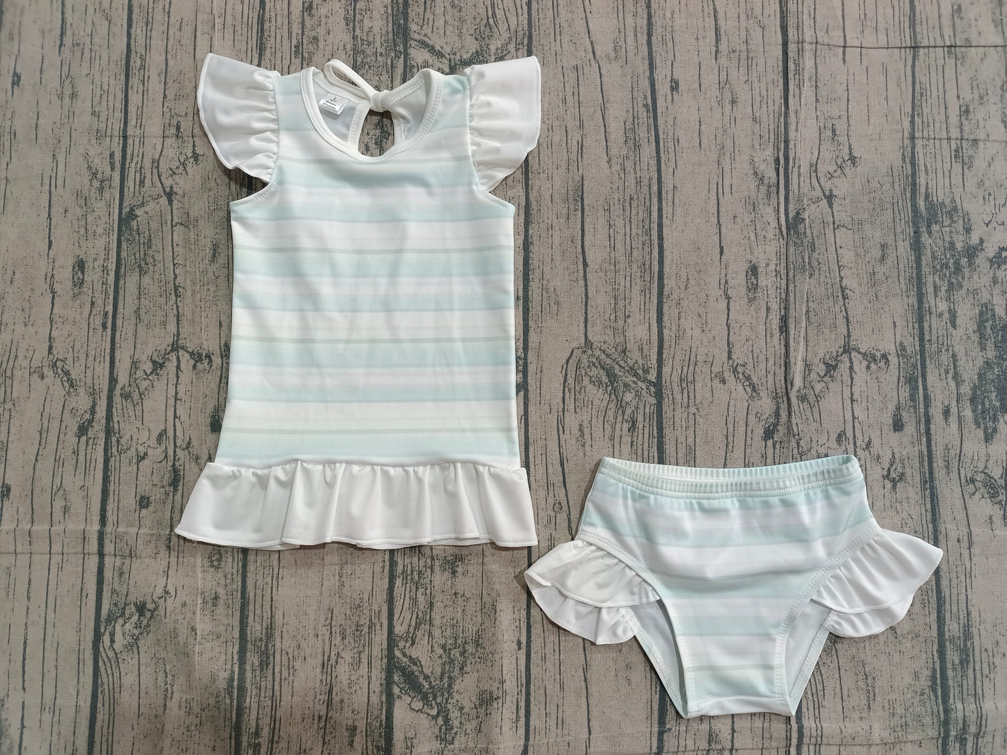 (Sample) No moq S0652 Swimsuit Baby Girls 2-Piece Set with Ruffle Top And Bummies in Aqua Stripe Print