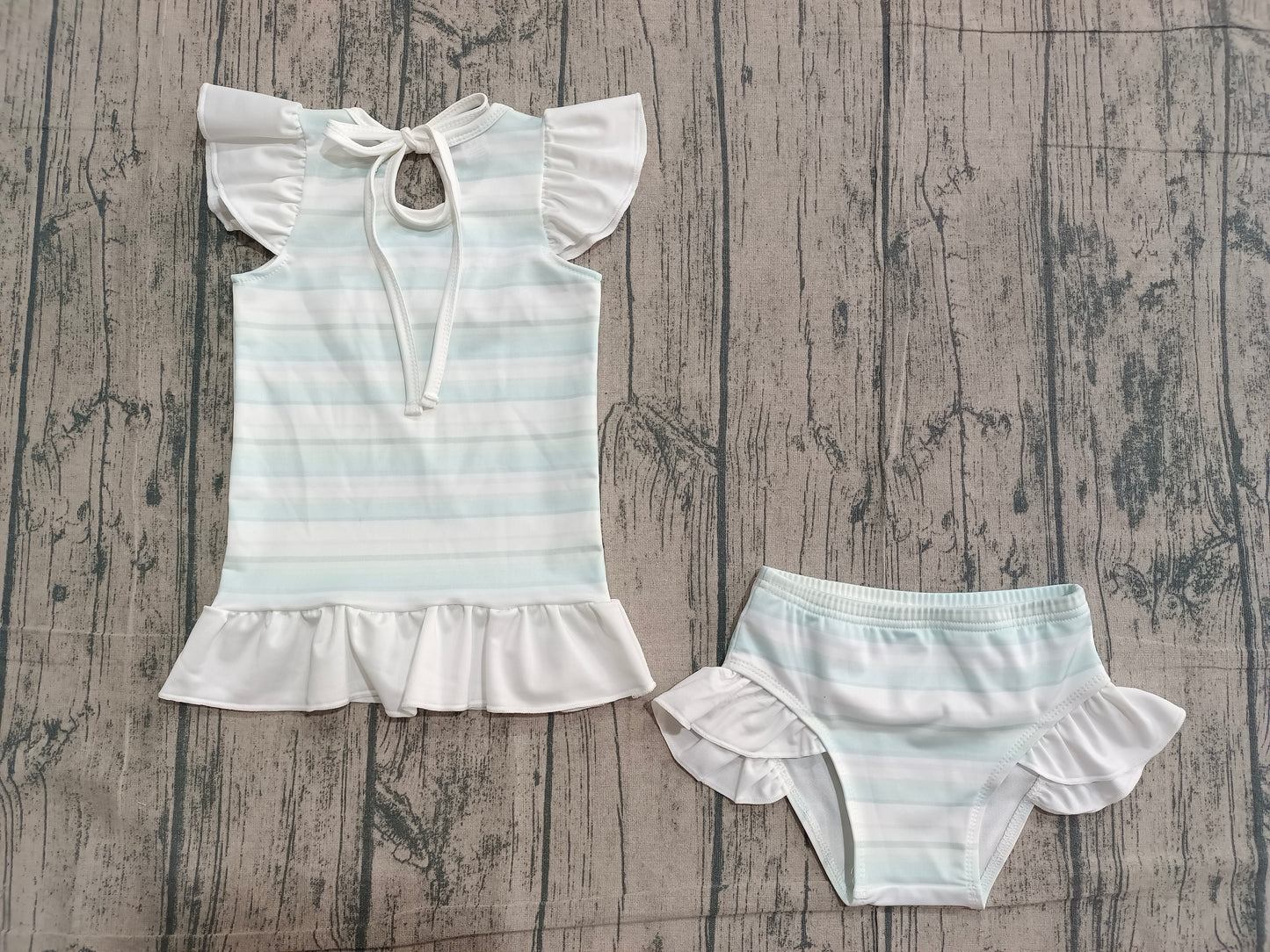 (Sample) No moq S0652 Swimsuit Baby Girls 2-Piece Set with Ruffle Top And Bummies in Aqua Stripe Print