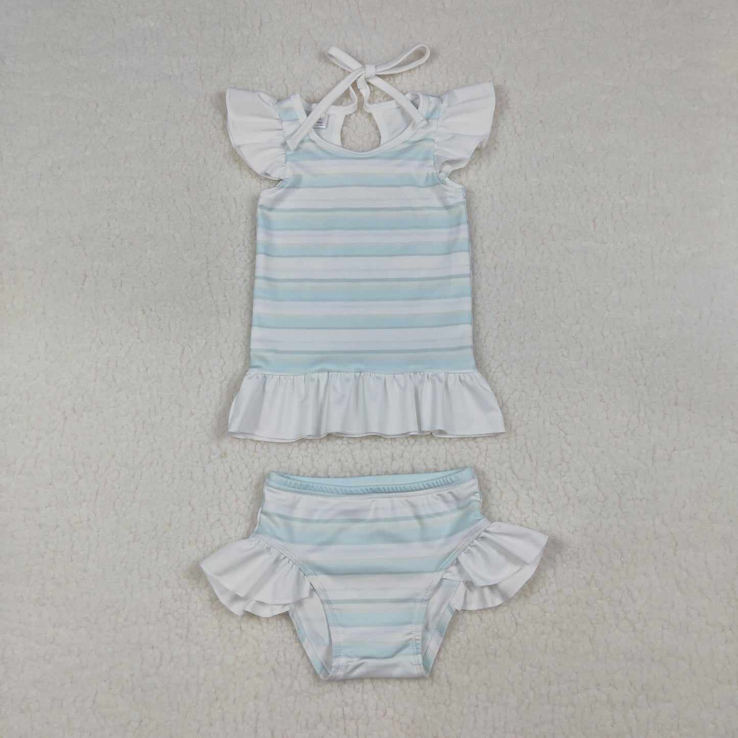RTS NO MOQ Sibling Baby Girls Light Blue Stripe Ruffle Top Bummies Swimsuit Boys Light Blue Stripe Top with Pockets Shorts Swimsuit  Romper Swimsuits