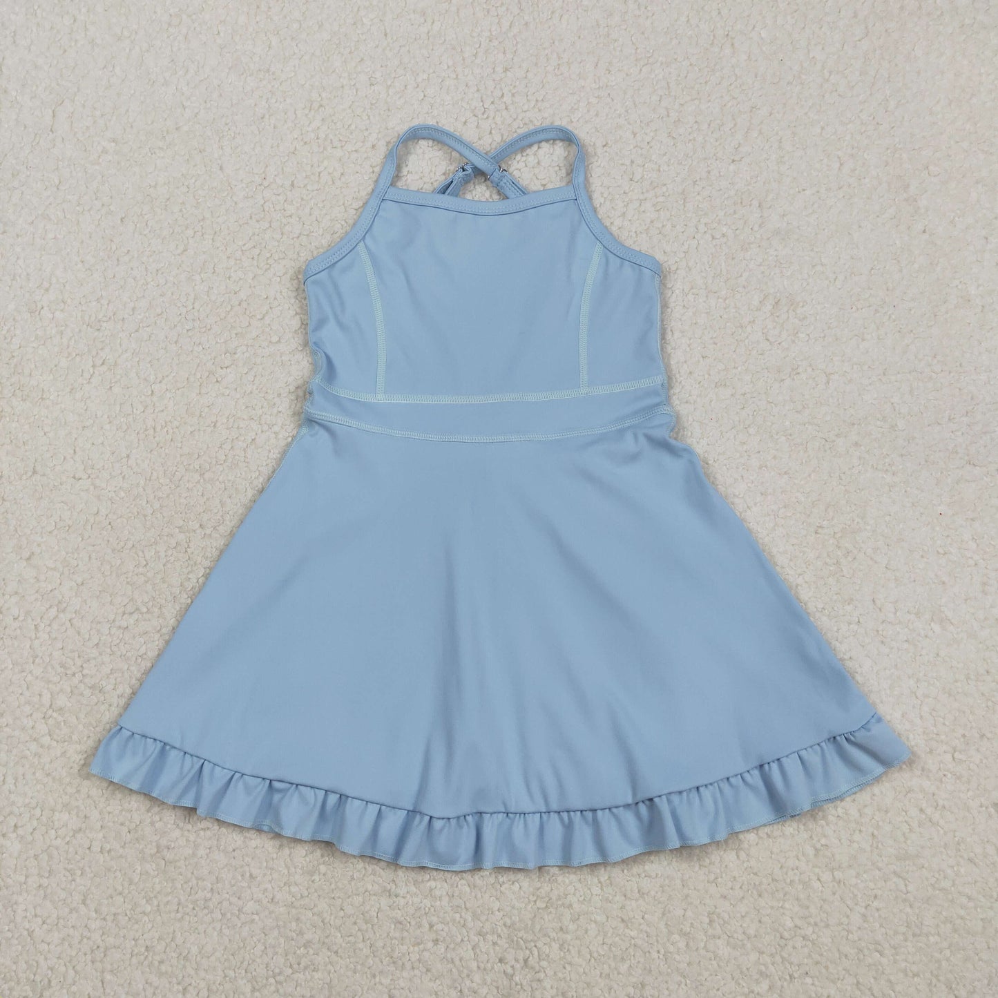 RTS NO MOQ S0713 Baby Girls Light Blue Strap Ruffle Knee-Length Dress