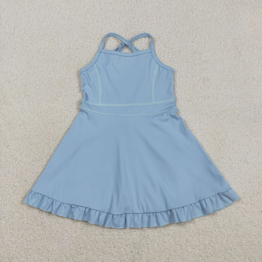 RTS NO MOQ S0713 Baby Girls Light Blue Strap Ruffle Knee-Length Dress