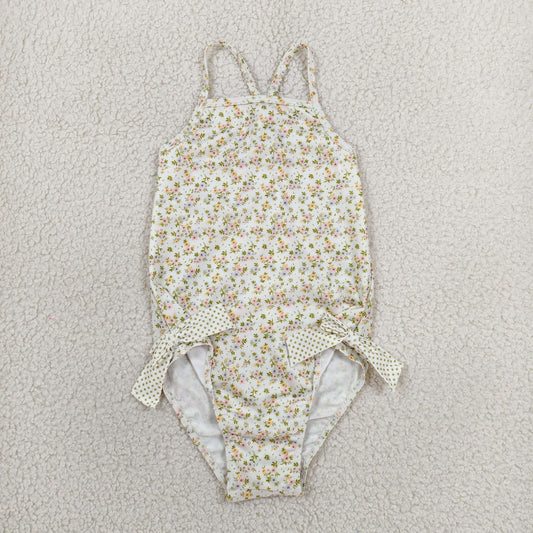 RTS NO MOQ milk silk S0723 Baby Girls Tiny Floral Print Bow Sleeveless One Piece Swimsuits