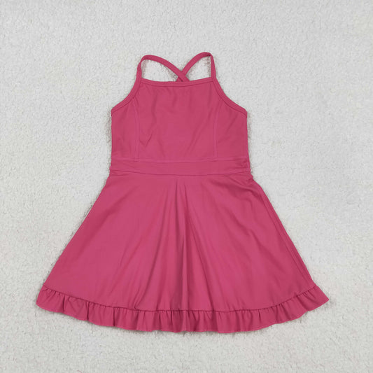 RTS NO MOQ S0727 Baby Girls Hot Pink Strap Yoga Active Shorts Ruffle Knee-Length Dresses