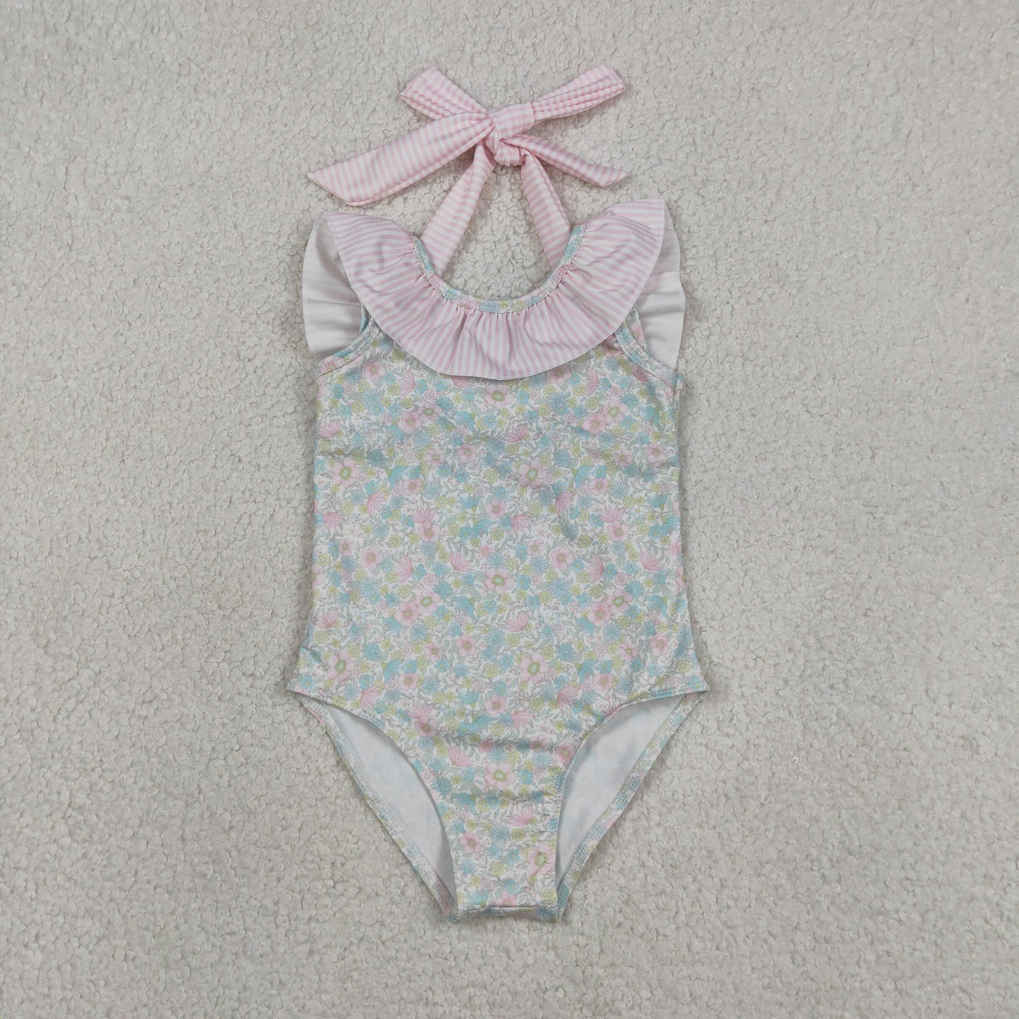 RTS NO MOQ S0732 Baby Girls Summer Stripe Bow Flutter Sleeve Floral Swimsuits