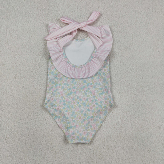RTS NO MOQ S0732 Baby Girls Summer Stripe Bow Flutter Sleeve Floral Swimsuits