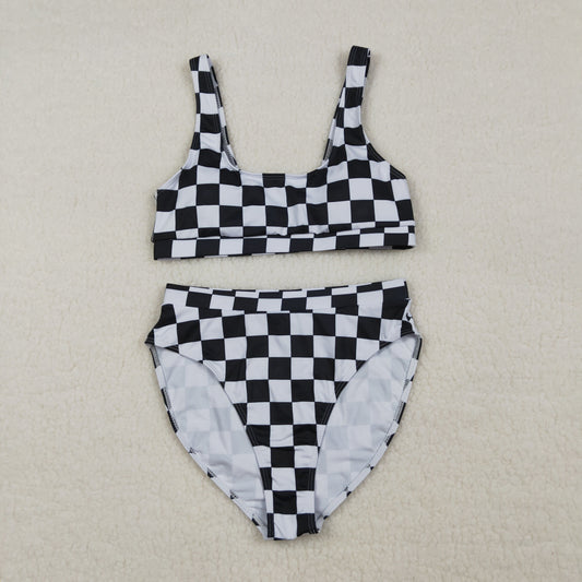 RTS NO MOQ S0736+S0737 Adult Women's Black Checkered Two-Piece Swimsuit Set with Top And Bummies Bottom