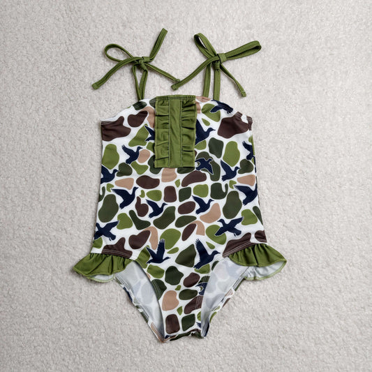 RTS NO MOQ milk silk S0744 Baby Girls Green Camo Duck Print  Strap One Piece Swimsuits