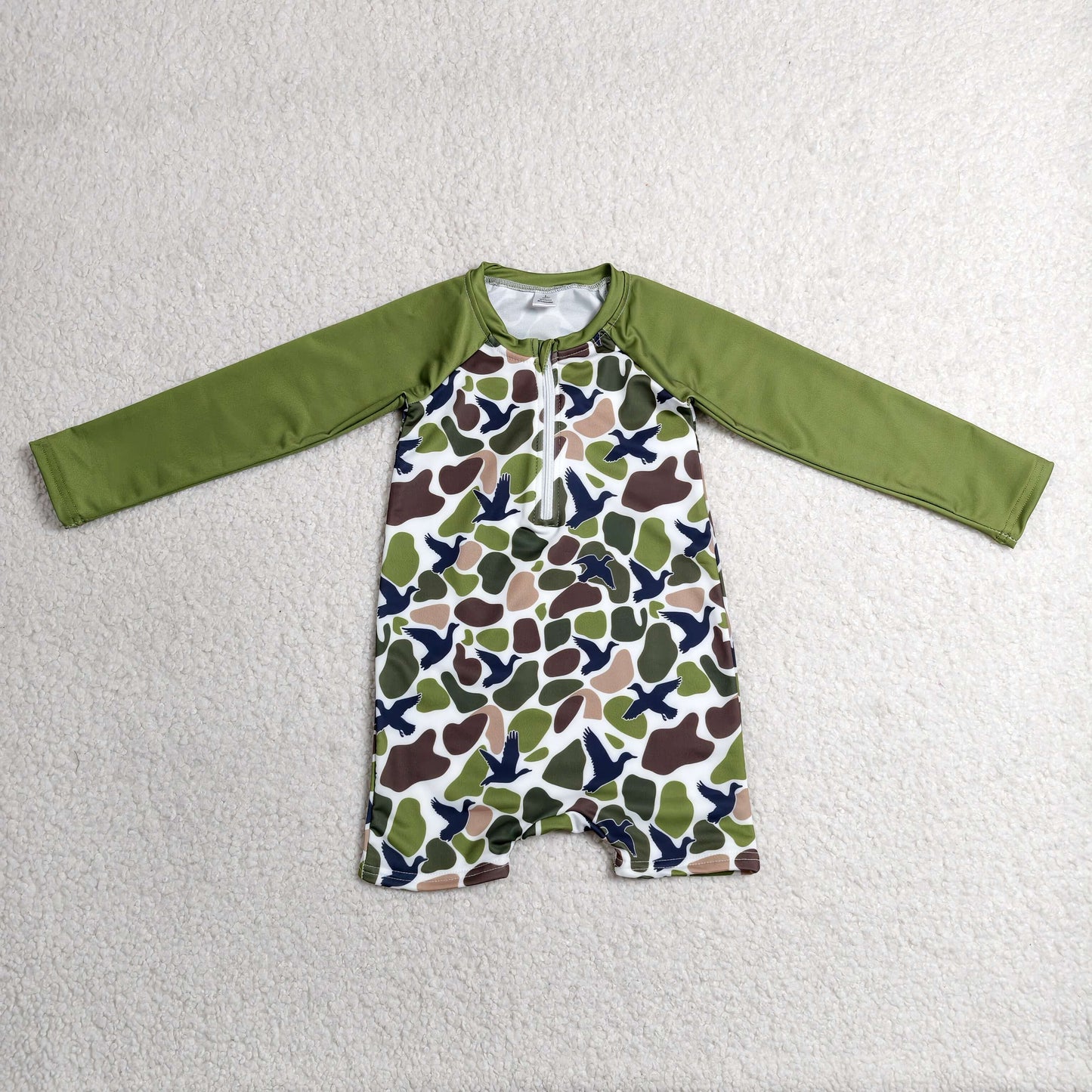 RTS NO MOQ Sibling milk silk Baby Girls And Boys Green Camo Duck Swimsuits Beach Wear