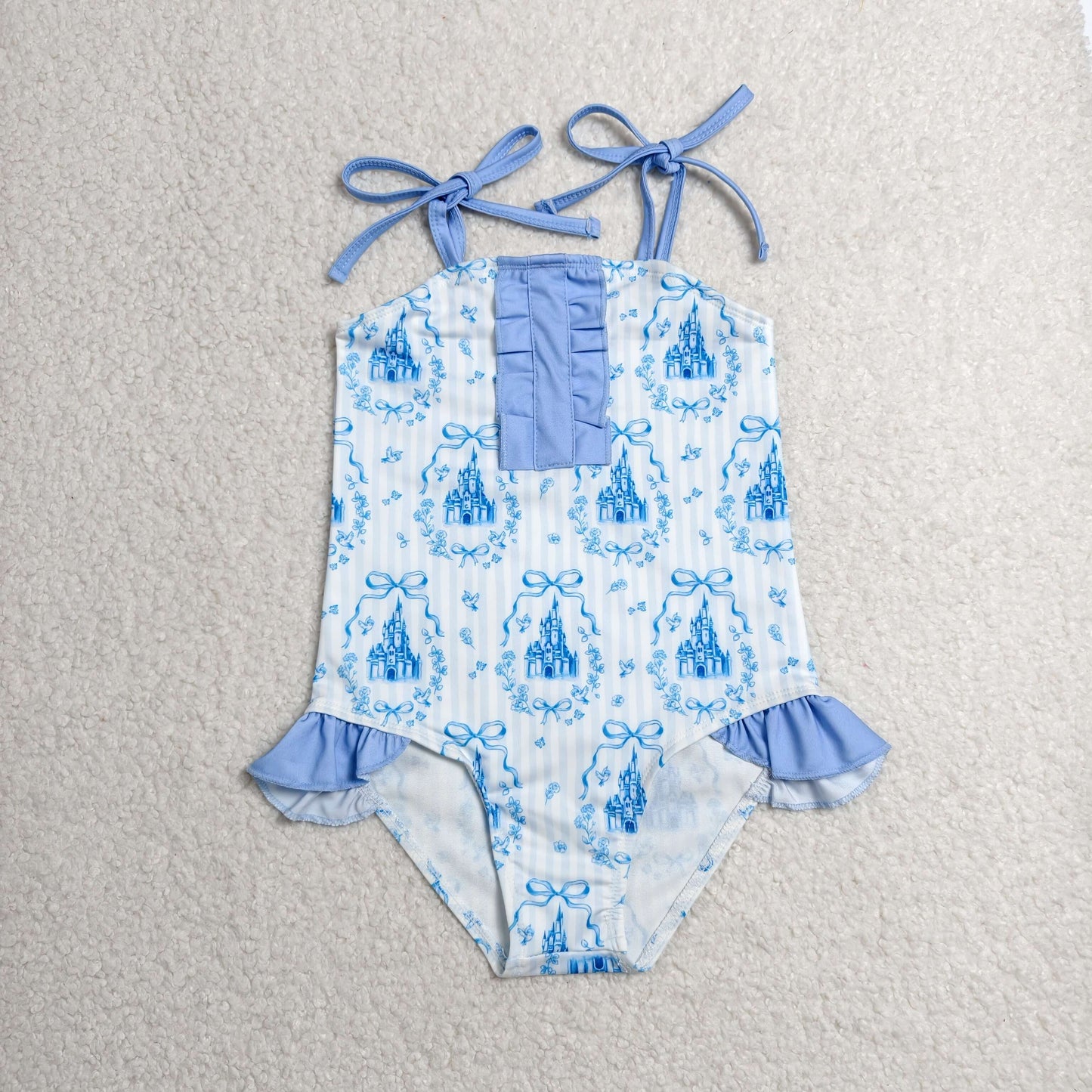 RTS NO MOQ milk silk S0753 Baby Girls Blue Stripe Bow Strap Swimsuit Summer Beach Pool Outfits