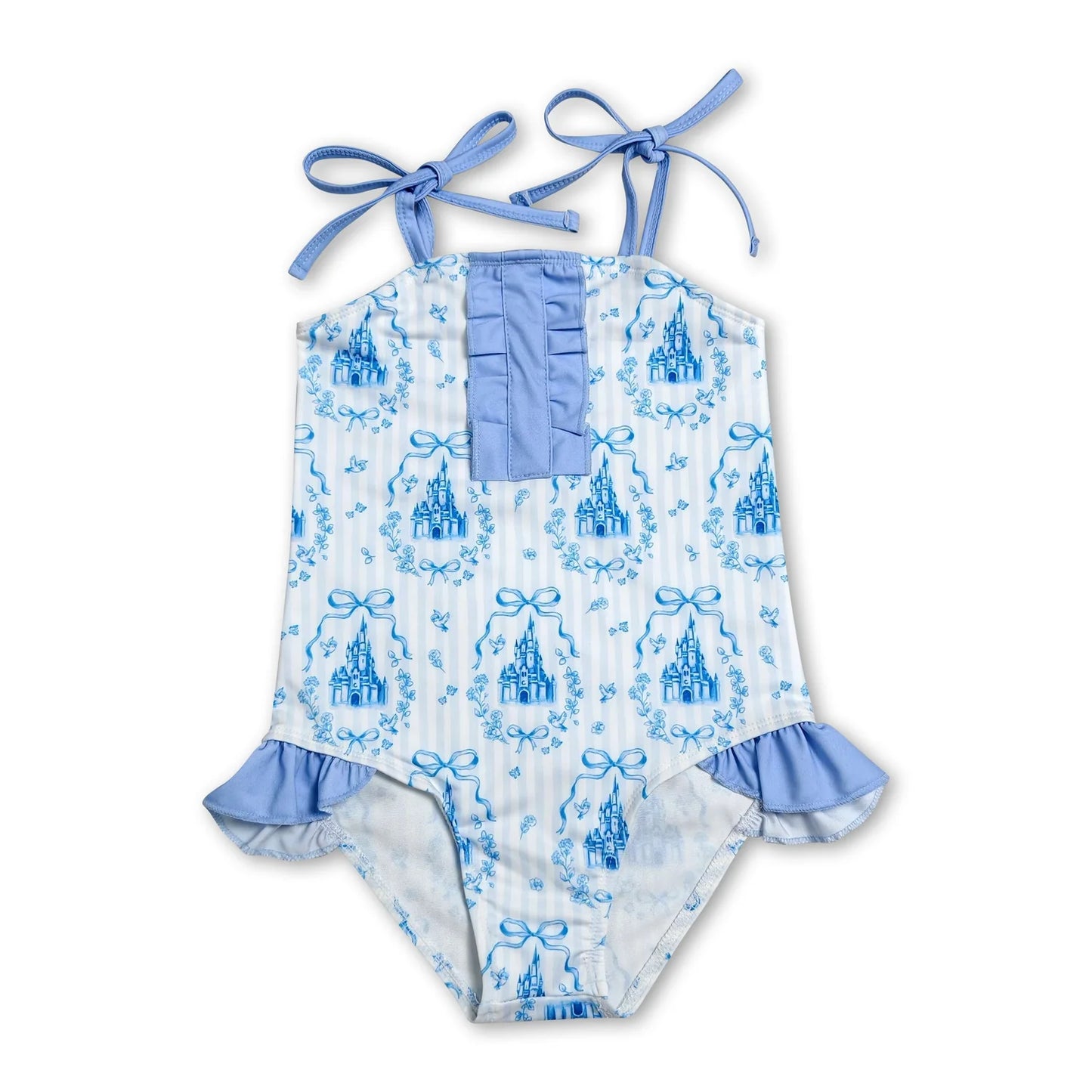 RTS NO MOQ Sibling milk silk Baby Girls Blue Stripe Bow Print Ruffle Tunic Top Bell Bottom Pants Set Dress Rompers
