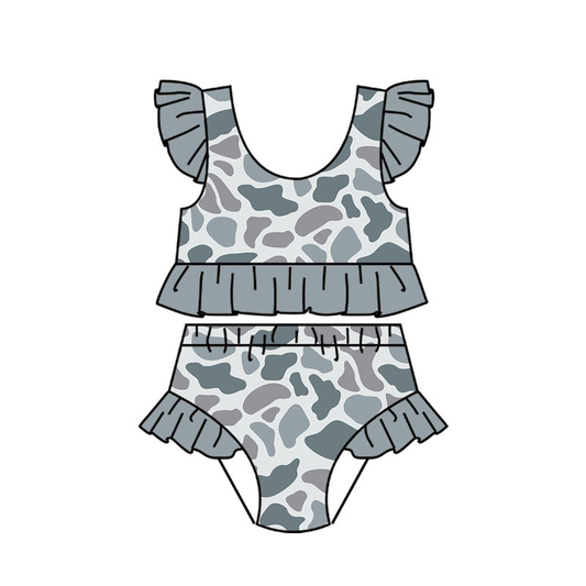 (Pre Order) No moq S0765 Baby Girl's Two-Piece Swimsuit Gray Camouflage with Flutter Sleeves Infant Swimwear