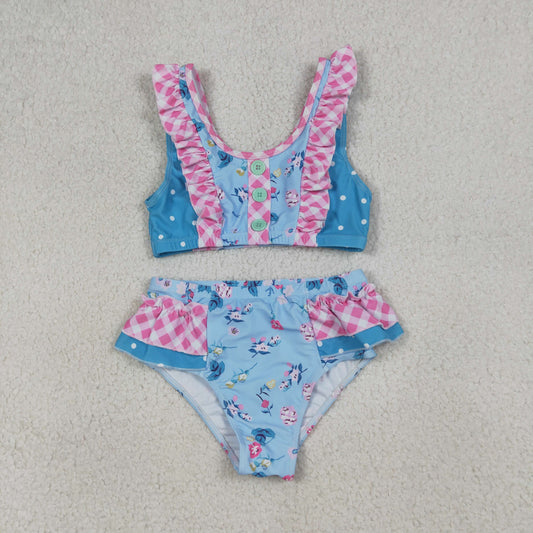 RTS NO MOQ S0777 Baby Girls Sleeveless Floral Button Vest Top with Bummies Short Swimsuit Set（2T-10-12T）