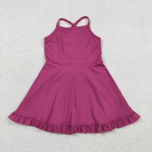 RTS NO MOQ yoga fabric cotton S0778 Baby Girls Wine Red Knit Knee Length Athletic Dress