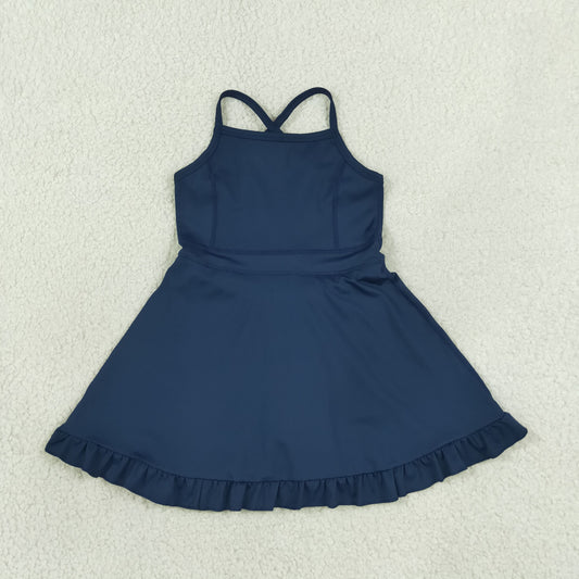 NEW RTS NO MOQ yoga fabric cotton S0779 Baby Girls Navy Solid Yoga Knee Length Athletic Active Dress