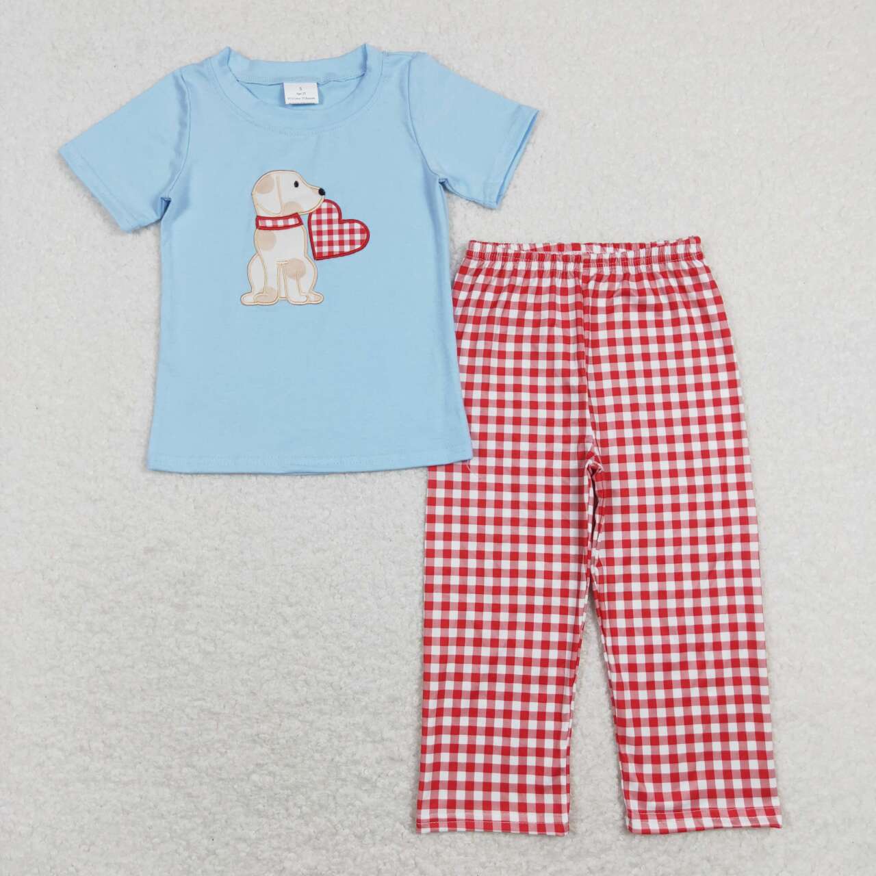 RTS NO MOQ（In Stock) BSPO0269 Embroidered love puppy blue short-sleeved red and white plaid trousers suit