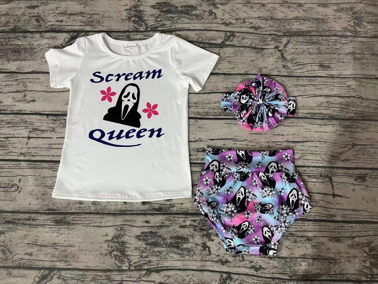 scream queen mask flower white short-sleeved blue purple briefs headwear set