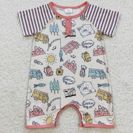 RTS NO MOQ（In Stock) Camping Bus Fishing Backpack Stripe Short Sleeve Jumpsuit