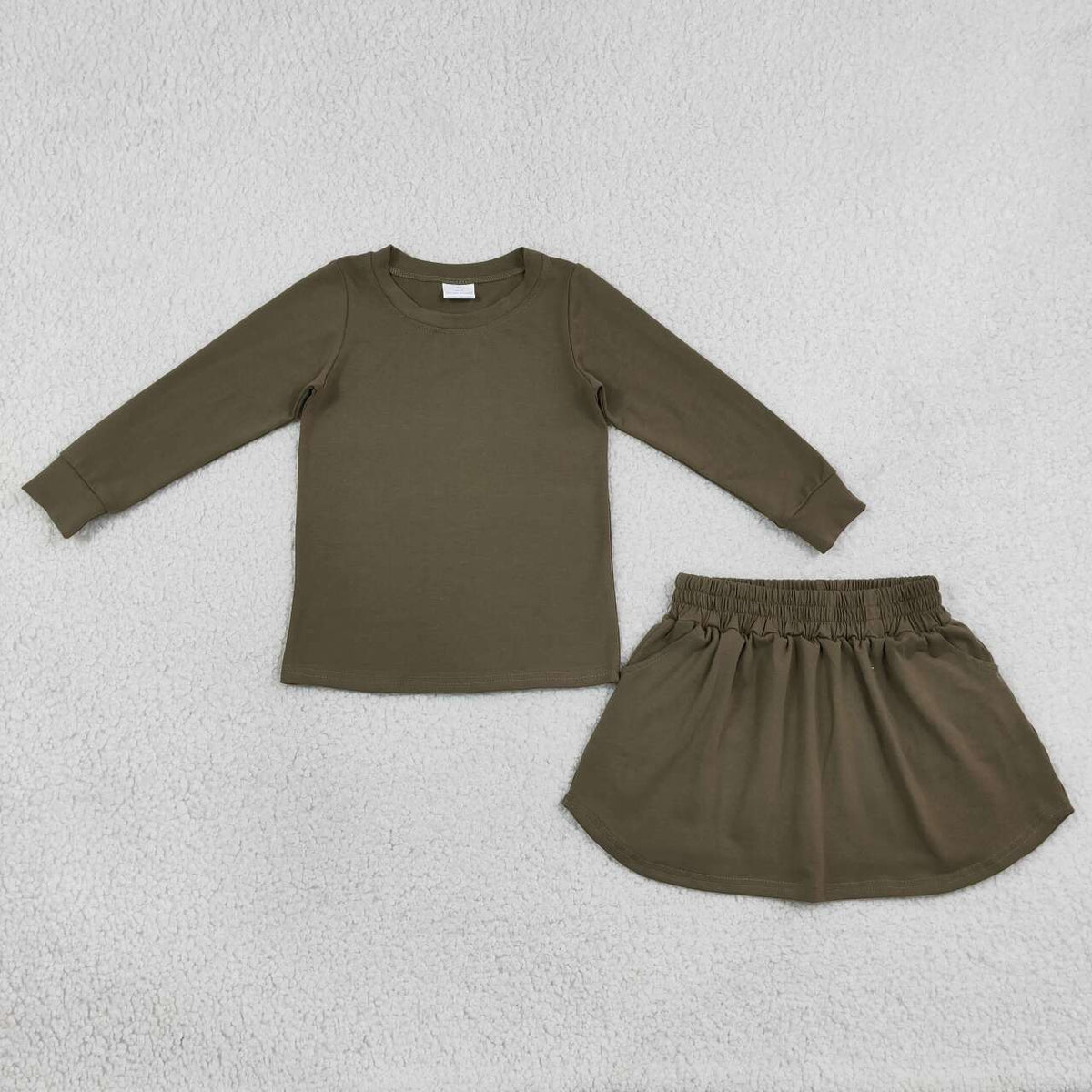 NEW RTS NO MOQ cotton GLD1698 Baby Girls Olive Long Sleeve Top Pockets Skirt Short Sets