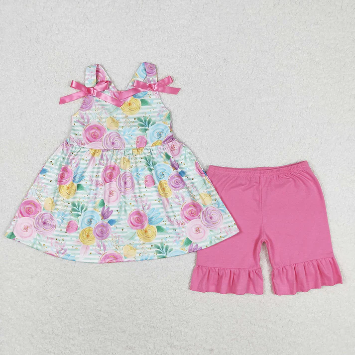 RTS NO MOQ Baby Girls Green Flowers Sibling Rompers Clothes Sets