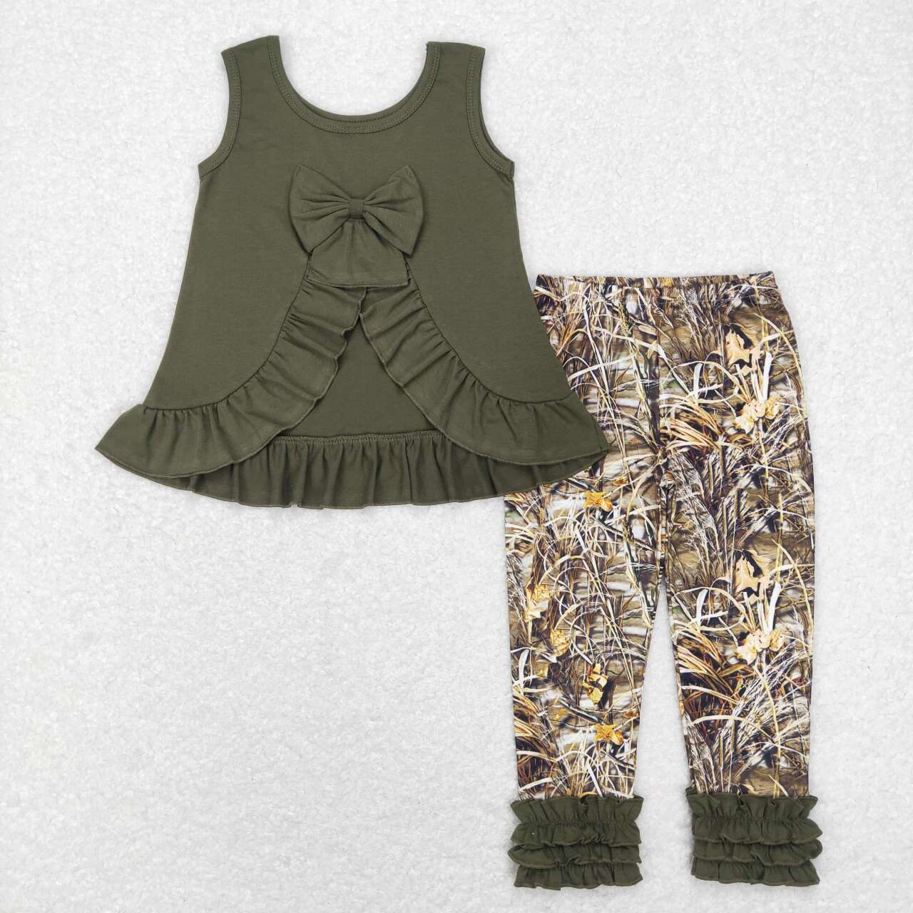 RTS NO MOQ（In Stock) GSPO1089 Bow lace sleeveless top camouflage tree branch trousers suit