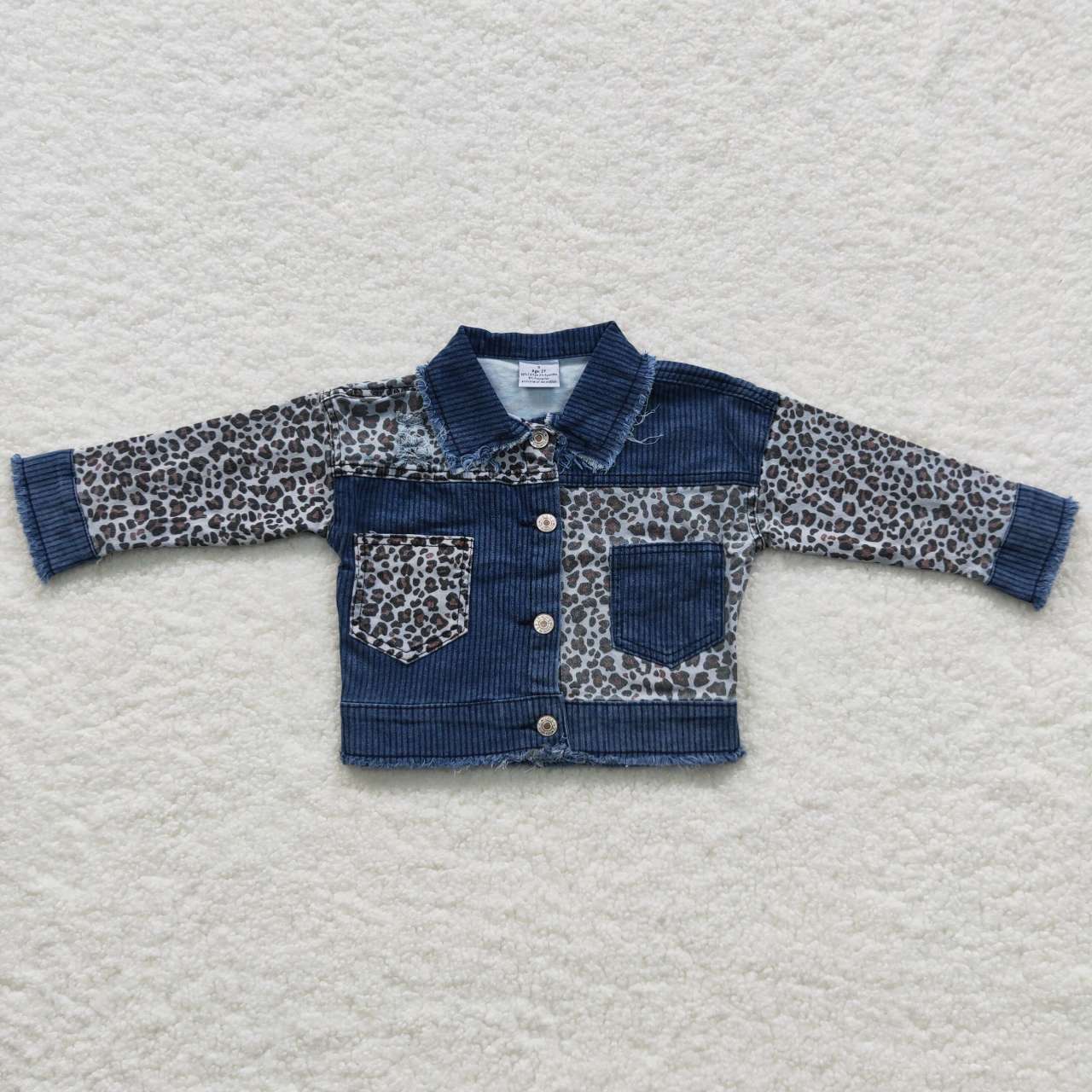 GT0203 Leopard-Panel Long-Sleeve Denim Top