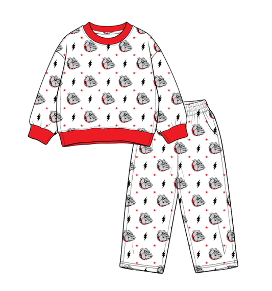 custom moq 5 mix size SGPM01 Baby Kids Red Crew Neck White Long Sleeve Print Shirt Pants Team Set