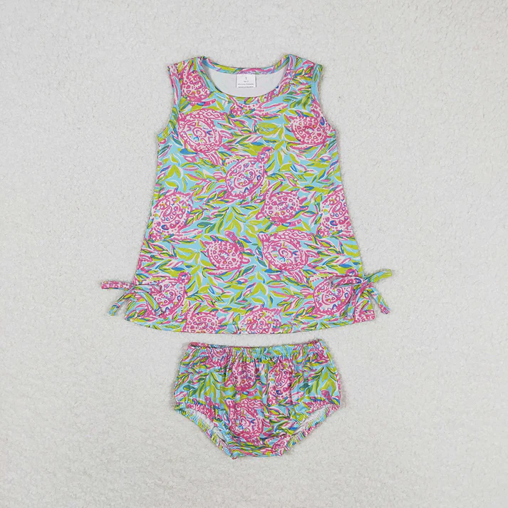 RTS Baby Girls Blue Turtle Summer Sibling Dresses Shorts Clothes Sets Flowers colorful match