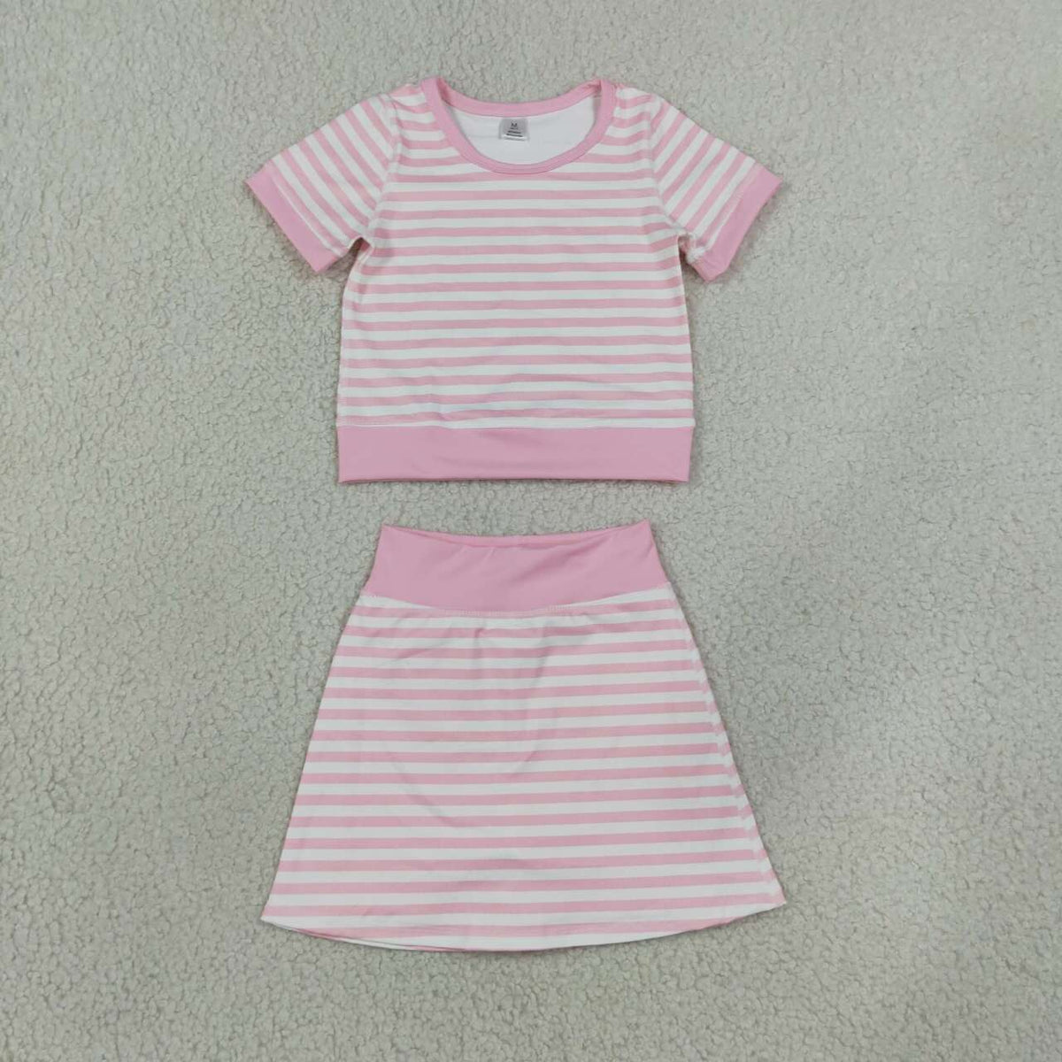 NEW RTS NO MOQ yoga fabric GSD4159 Yoga Baby Girls Light Pink Stripe Print Top Skort Shorts Yoga Active Set
