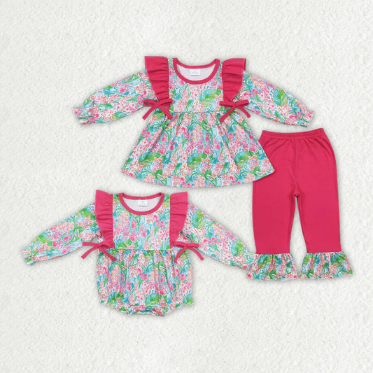 RTS NO MOQ GLP1430 Flower leaf red lace bow long sleeve trousers suit
