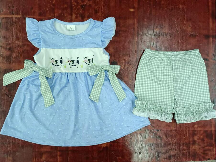 Custom moq 3 eta 6-7weeks Cow Bow Pleated Sleeveless Top-Green Plaid Shorts Set