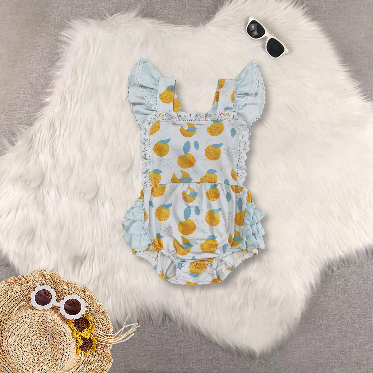 RTS Sibling baby girls clothes orange fruit flying sleeve shorts sets and dress and rompers