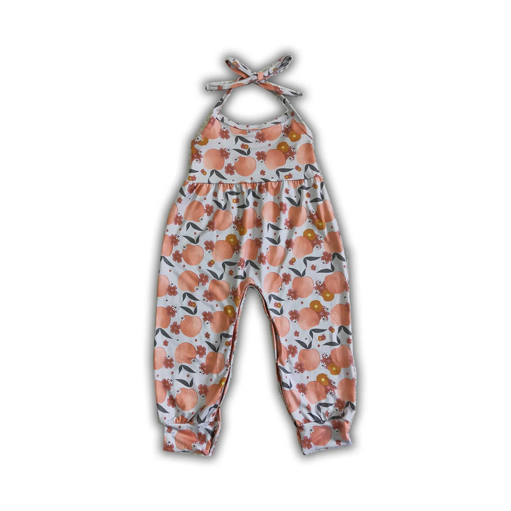 RTS NO MOQ Sibling milk silk Baby Girls Cute Peach Fruit Print Spaghetti Straps Top And Elastic Waist Shorts Set Rompers