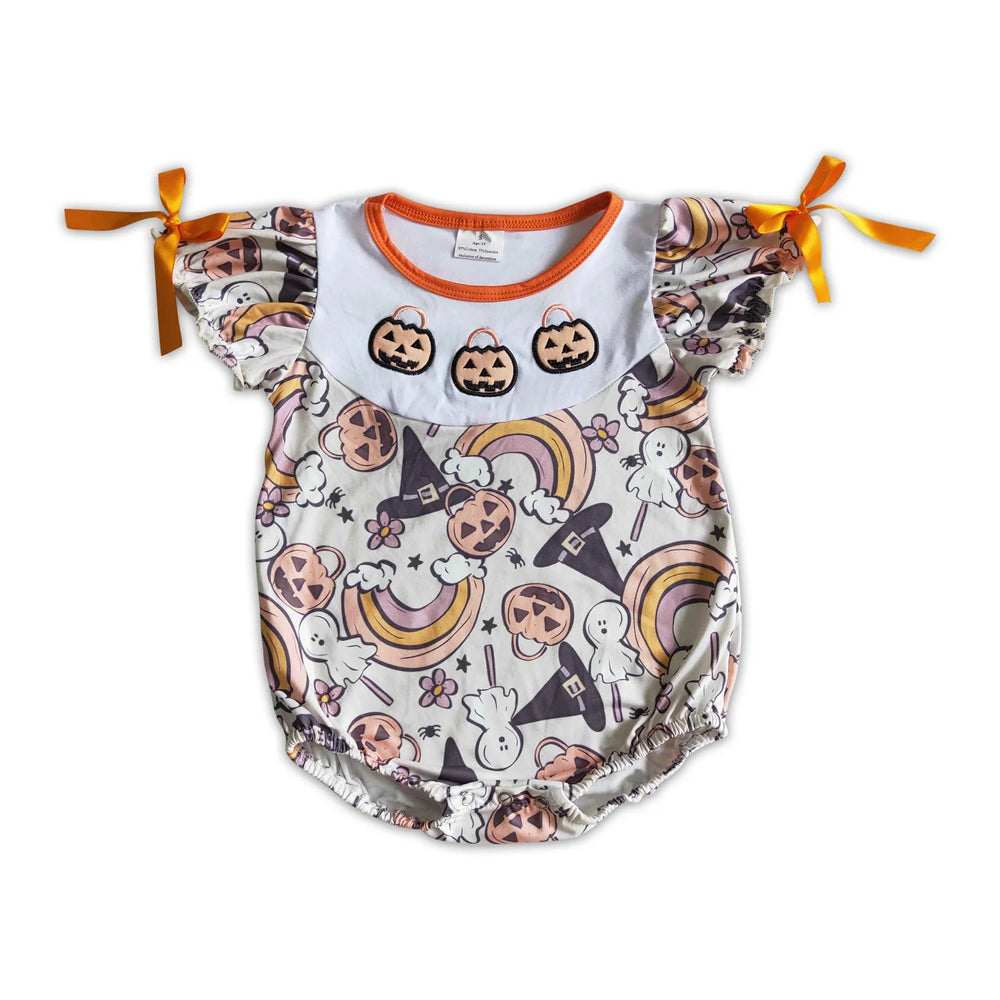 RTS NO MOQ Sibling milk silk Embroidery Baby Girls Pumpkins Short Sleeve Holiday Rompers