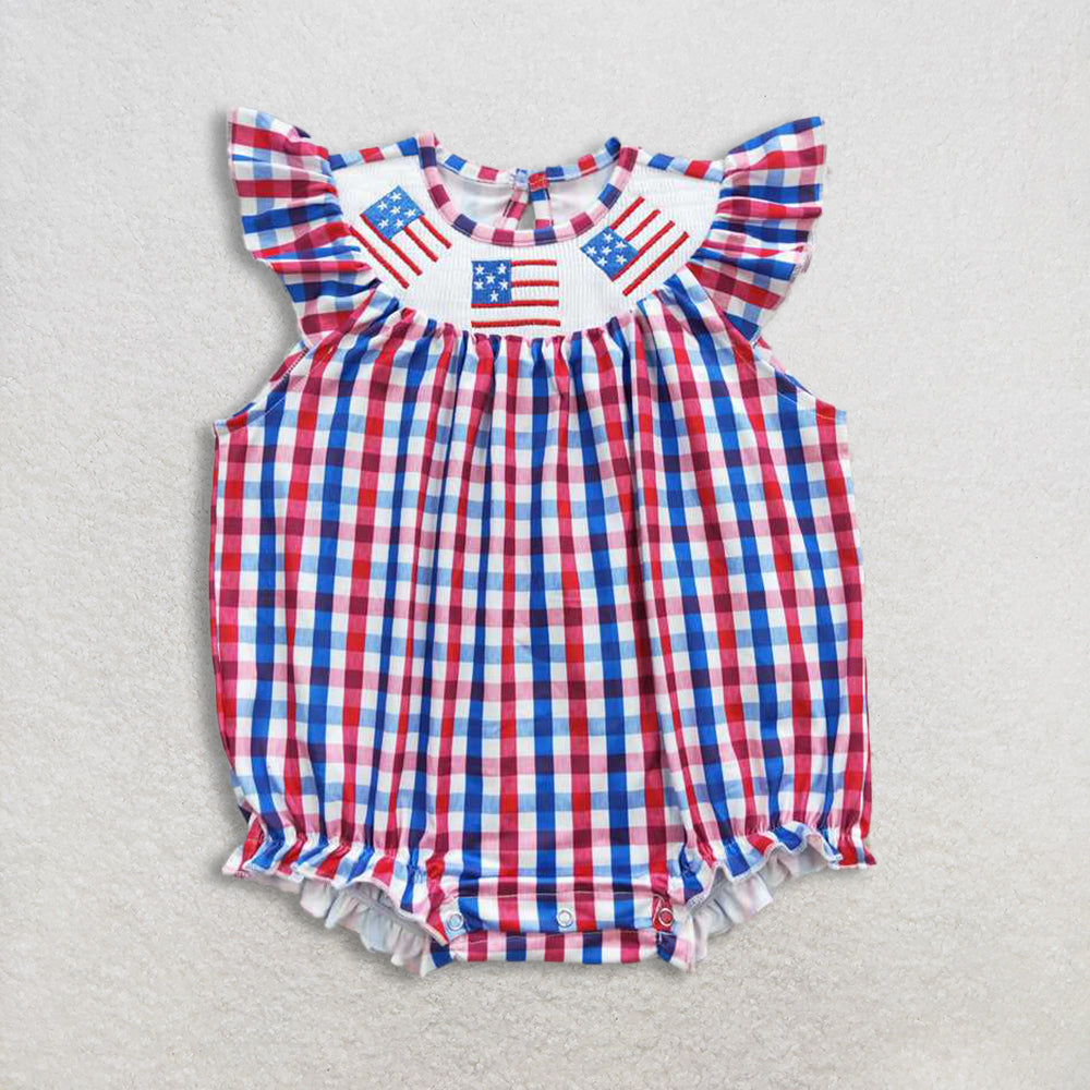 RTS NO MOQ Sibling Baby Girls Smocked Flags Red Blue Checked Knee Length Dresses 4th of July American Flag Gingham Smocked Rompers