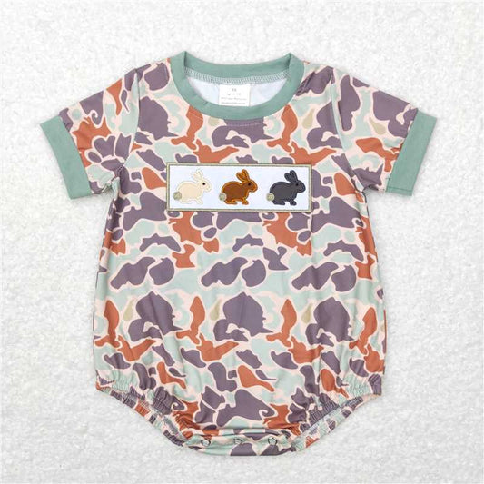 RTS NO MOQ（In Stock) SR0508 Boys Embroidered Camouflage bunny short Sleeve romper