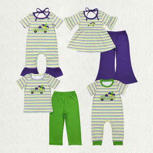 RTS NO MOQ Sibling baby Girls Boys clothes embroideryMardi gras Pajamas Clothes Sets and rompers