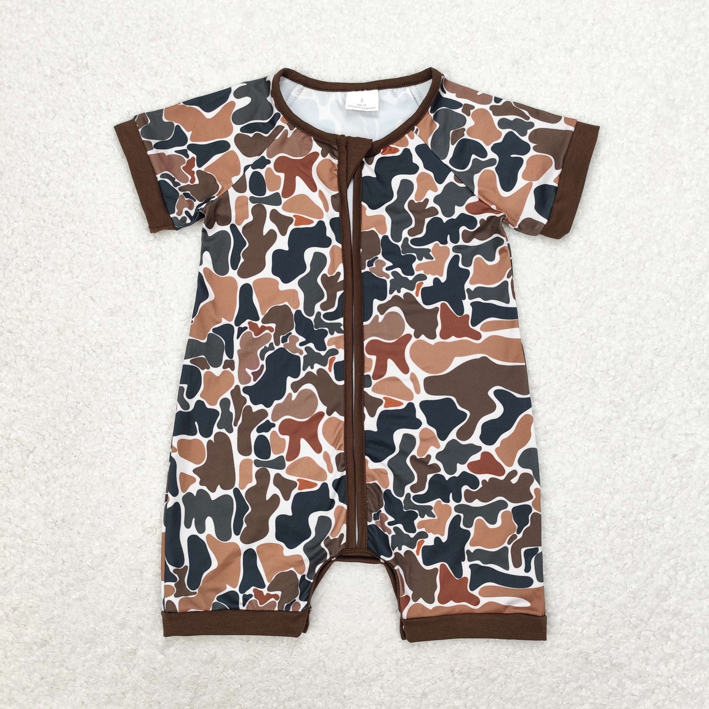 RTS NO MOQ（In Stock) SR0666 Brown and green camouflage zipper short sleeve jumpsuit