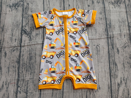 (Pre Order) No moq SR0844 Summer Short Sleeve Zip Romper With Digger Print For Baby Boys