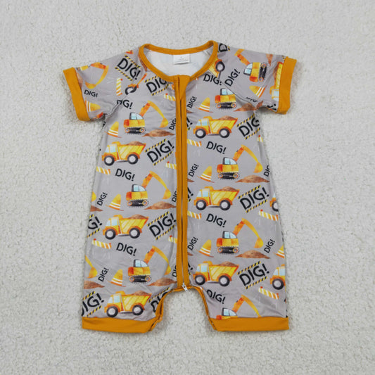 RTS NO MOQ milk silk SR0844 Baby Boys Digger Summer Short Sleeve Zip Rompers