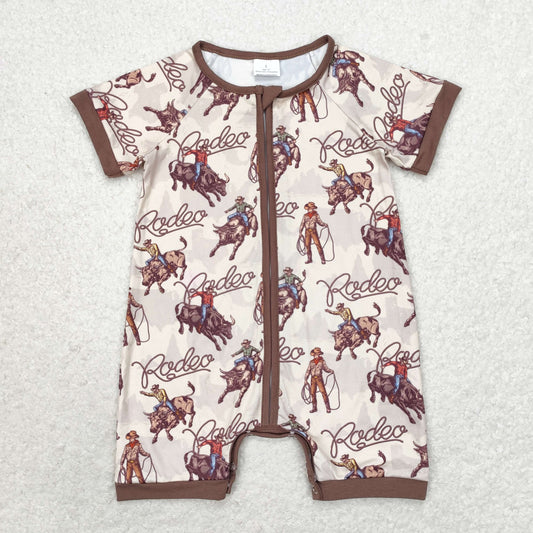 RTS NO MOQ（In Stock) SR0856 Rodeo riding brown zipper short sleeve jumpsuit