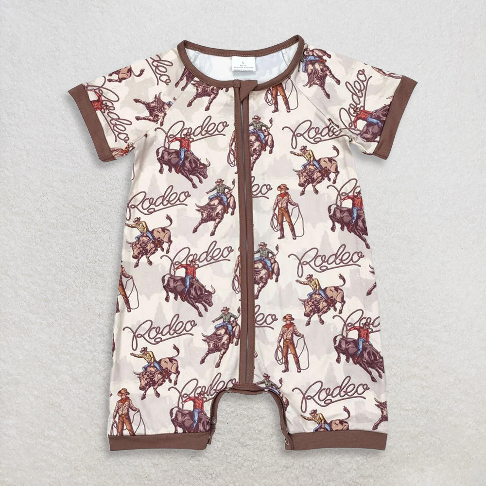 RTS NO MOQ Sibling Baby Boys Rodeo Zip Romper Short Sleeve Cowboy Western Boot Horses Button Rompers