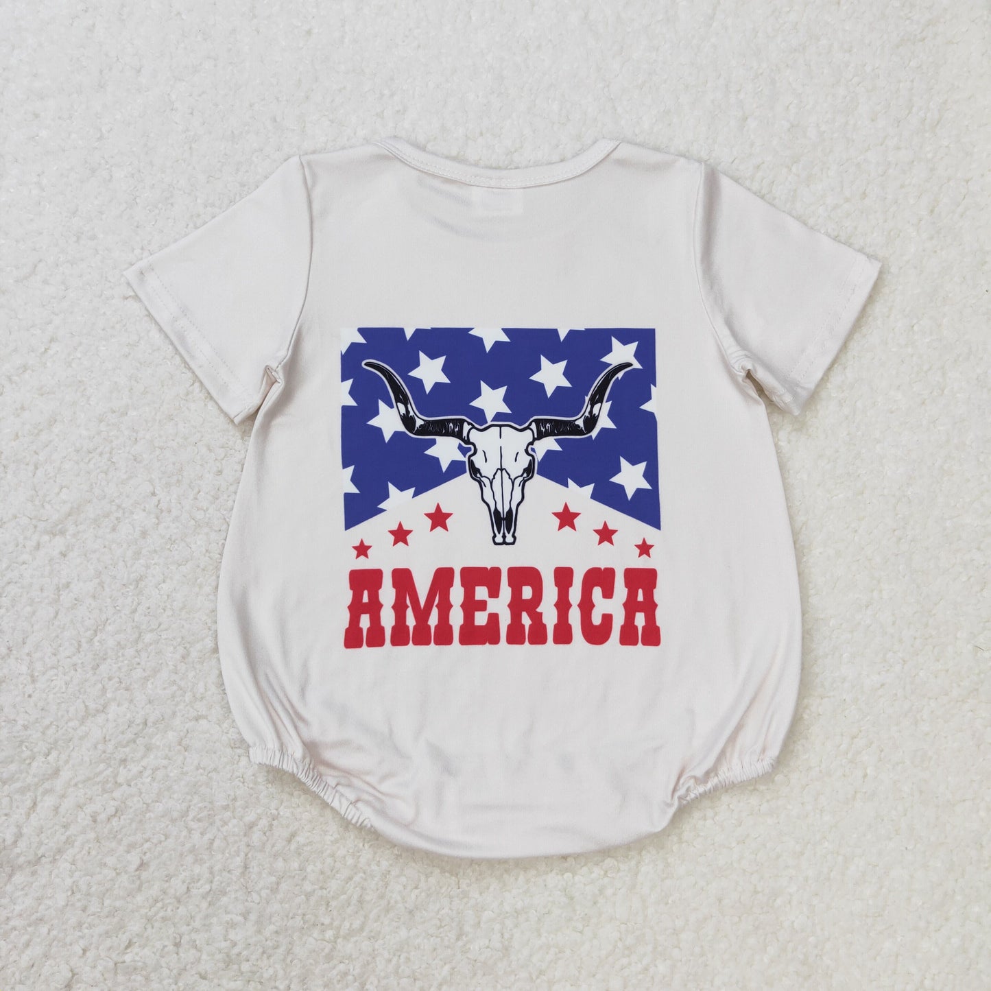 RTS NO MOQ（In Stock) america star alpine cow head beige short-sleeved jumpsuit